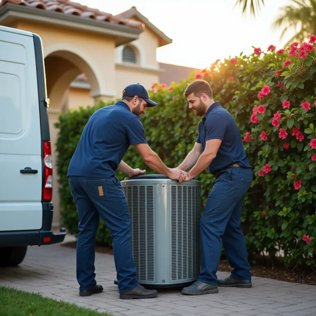 Brothers Services Cooling & Heating crew unloading a new condenser in Venice, FL