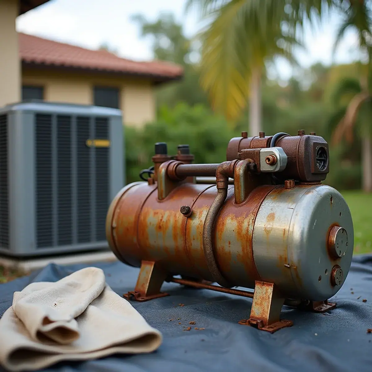 Failed AC compressor next to its replacement at a Venice, FL home