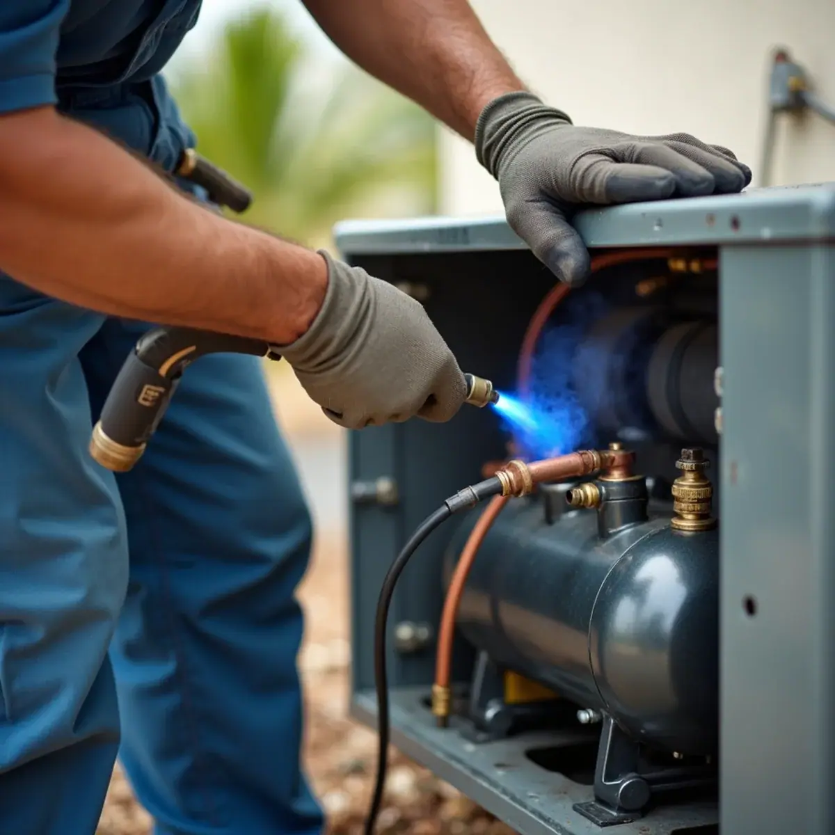 New AC compressor being installed during a compressor replacement in Venice, FL