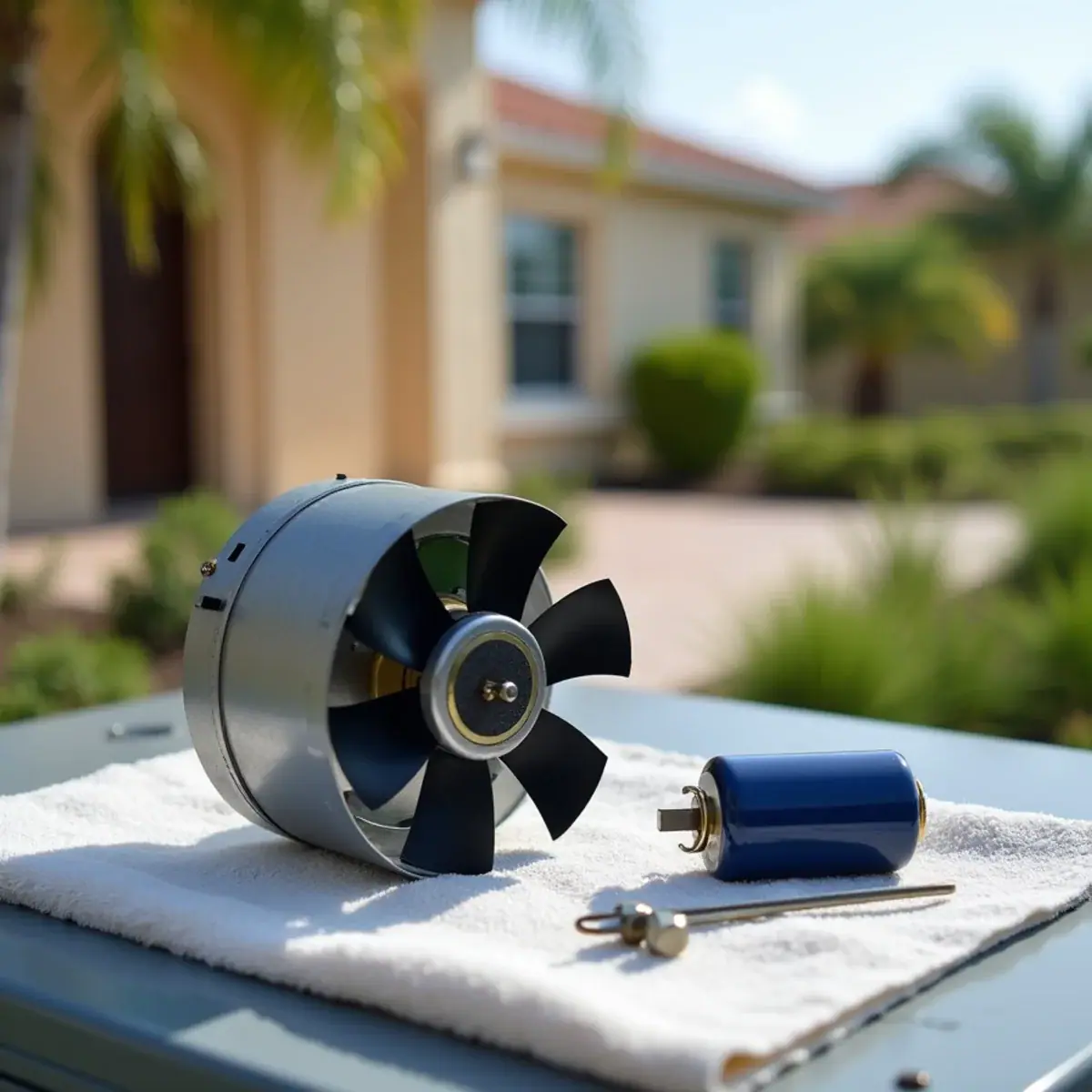 New condenser fan motor and capacitor ready to install in Venice, FL