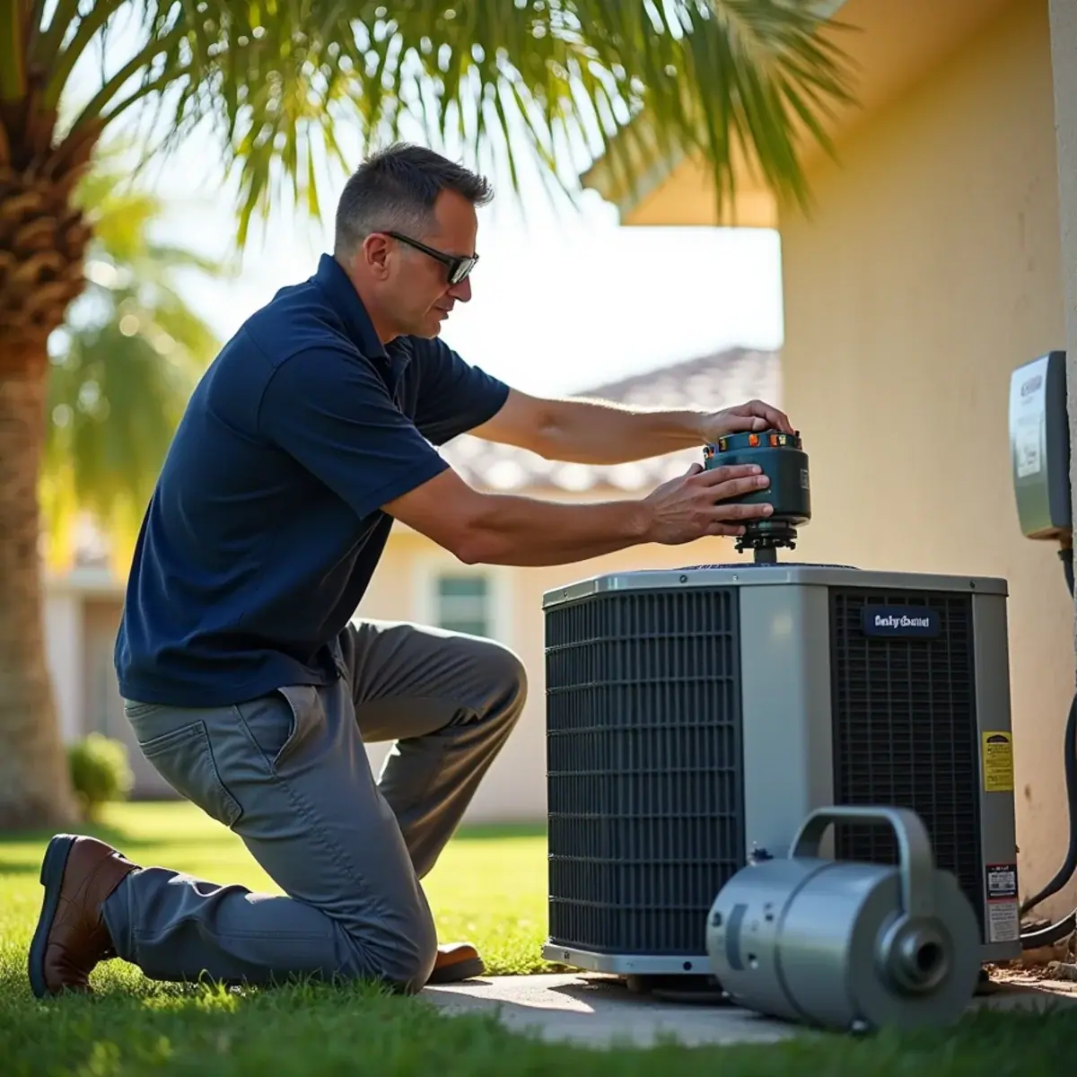 Technician replacing a condenser fan motor on an outdoor AC unit in Venice, FL