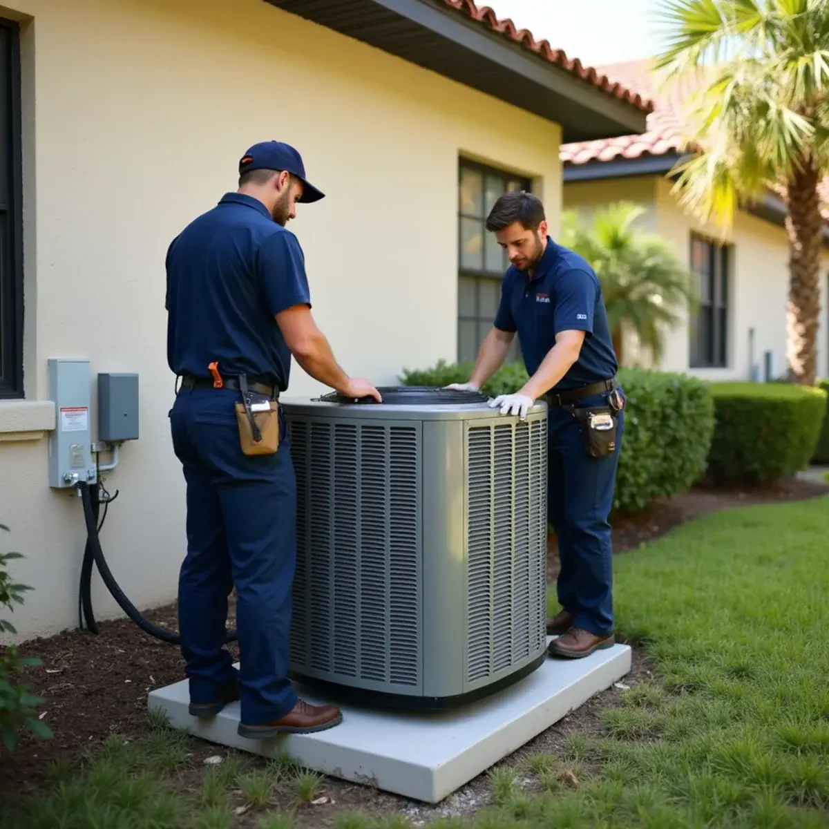 Crew installing a new high-efficiency AC condenser with hurricane tie-downs in Venice, FL