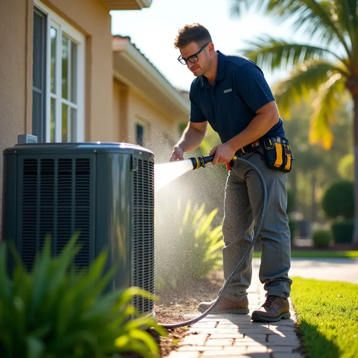 Technician rinsing an outdoor AC condenser coil during maintenance in Venice, FL