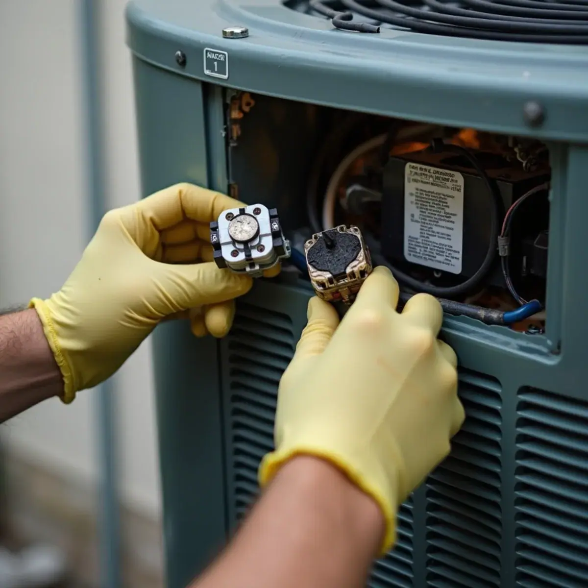 Pitted AC contactor being replaced during an air conditioner repair in Venice, FL