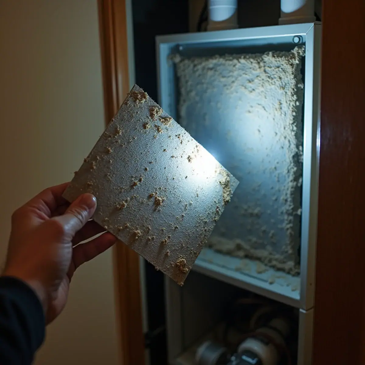 Clogged AC filter next to a frozen evaporator coil