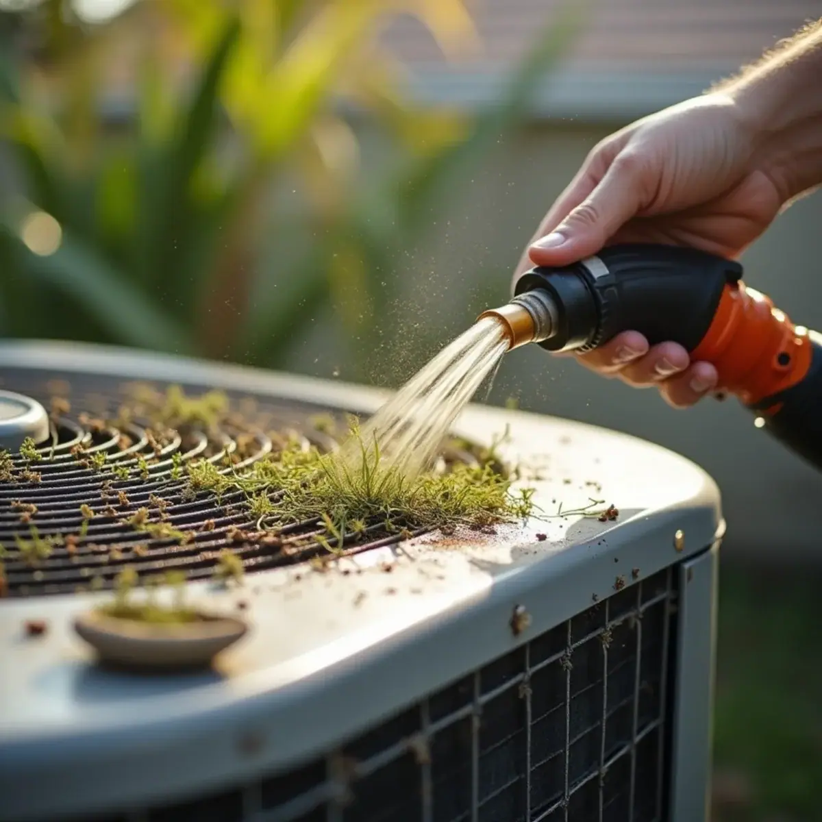 Outdoor AC coil clogged with grass clippings and debris