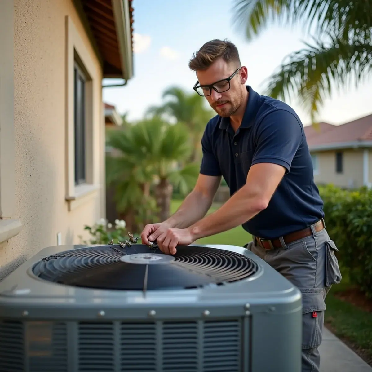Technician checking condenser fan motor bearings by hand