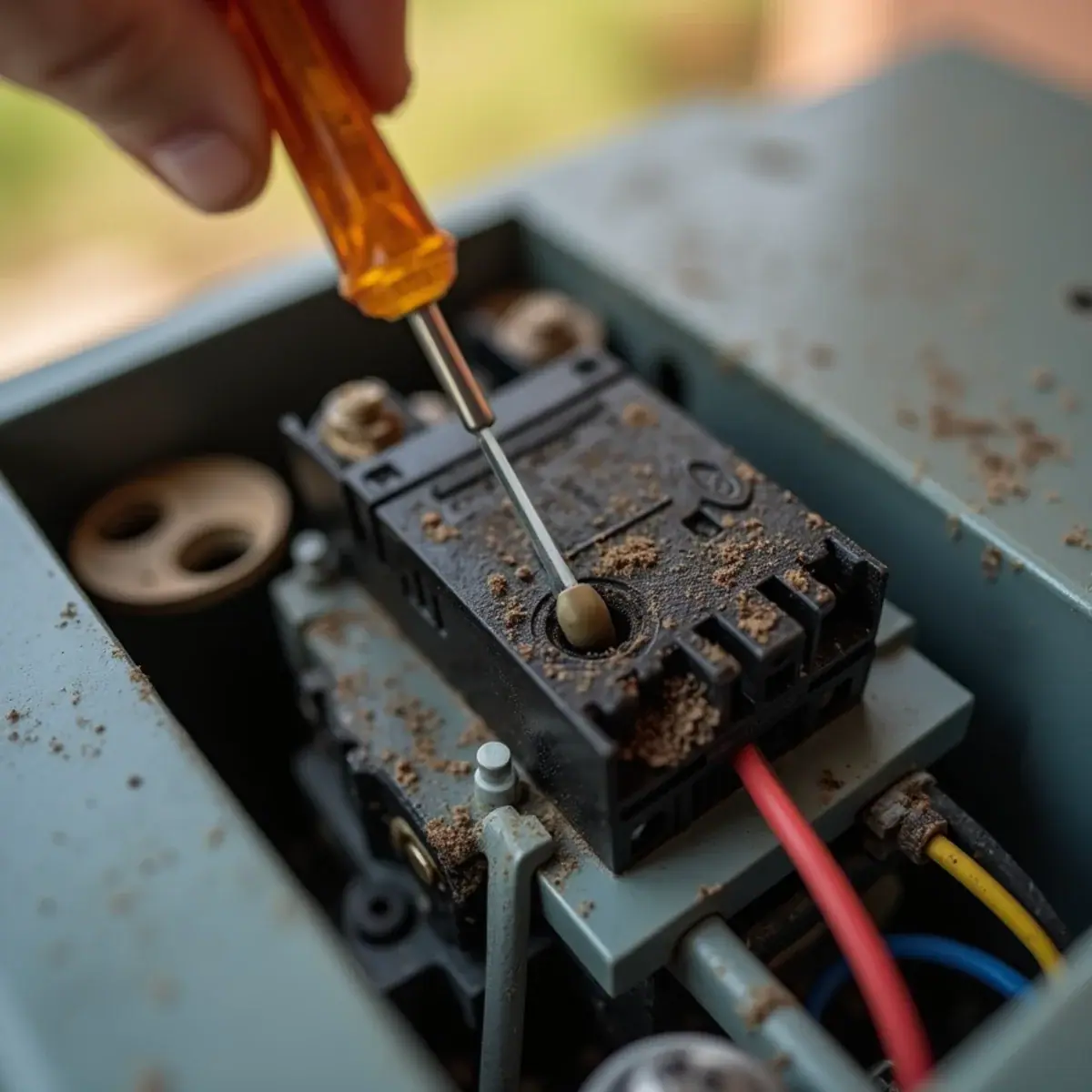 Pitted contactor and loose wiring in an AC control panel