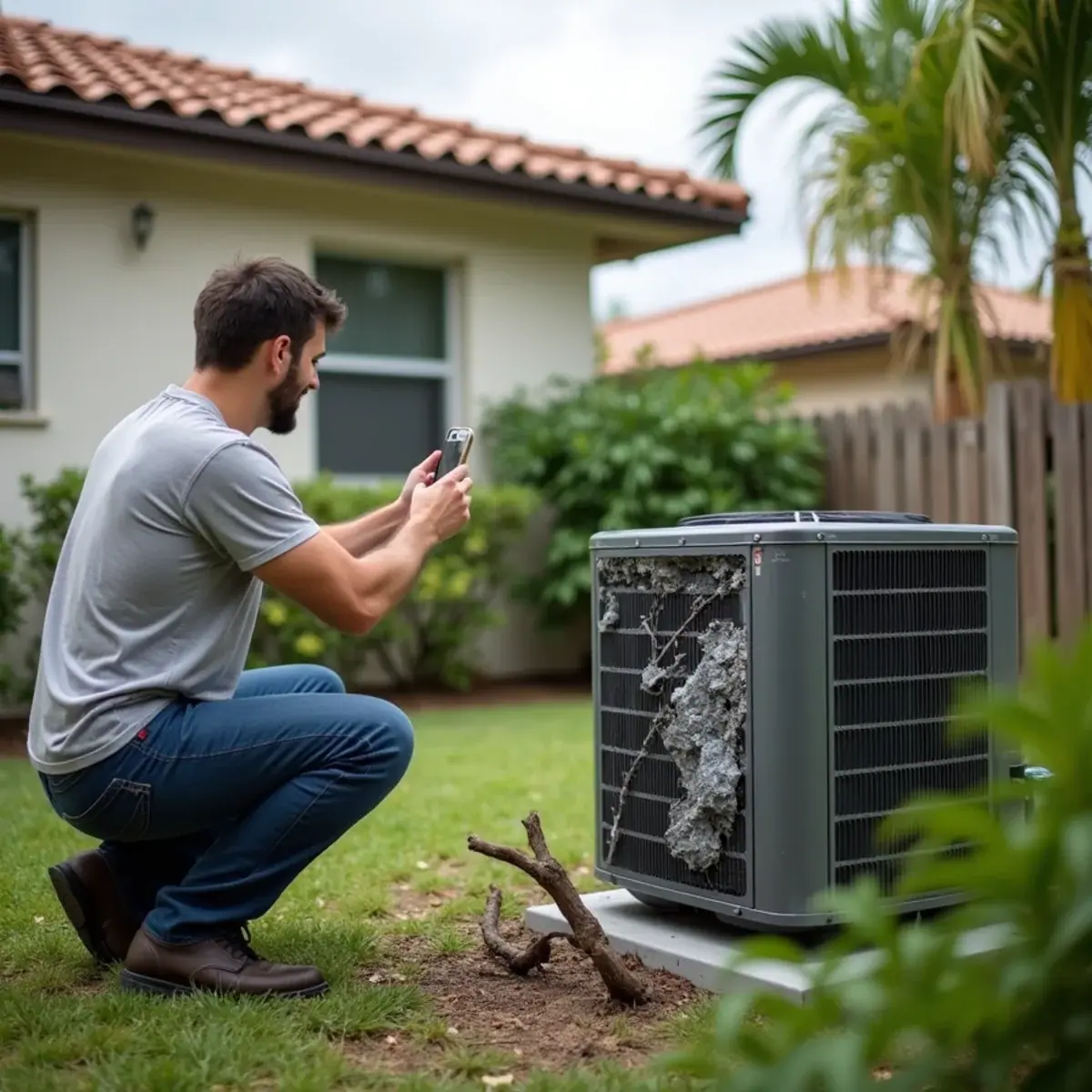 Homeowner photographing a storm-damaged AC unit for an insurance claim in Florida