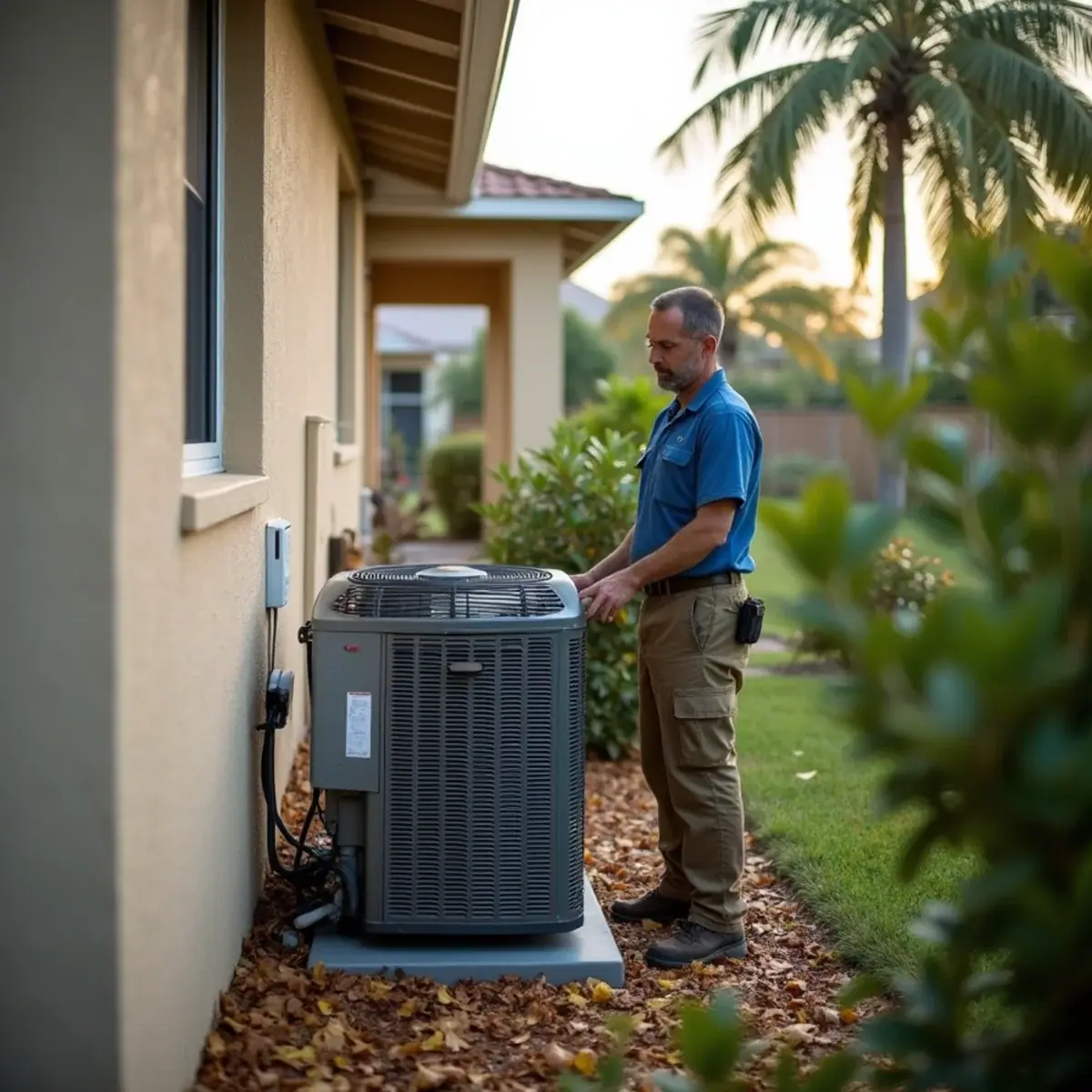 Homeowner inspecting an outdoor AC unit from a safe distance after a storm