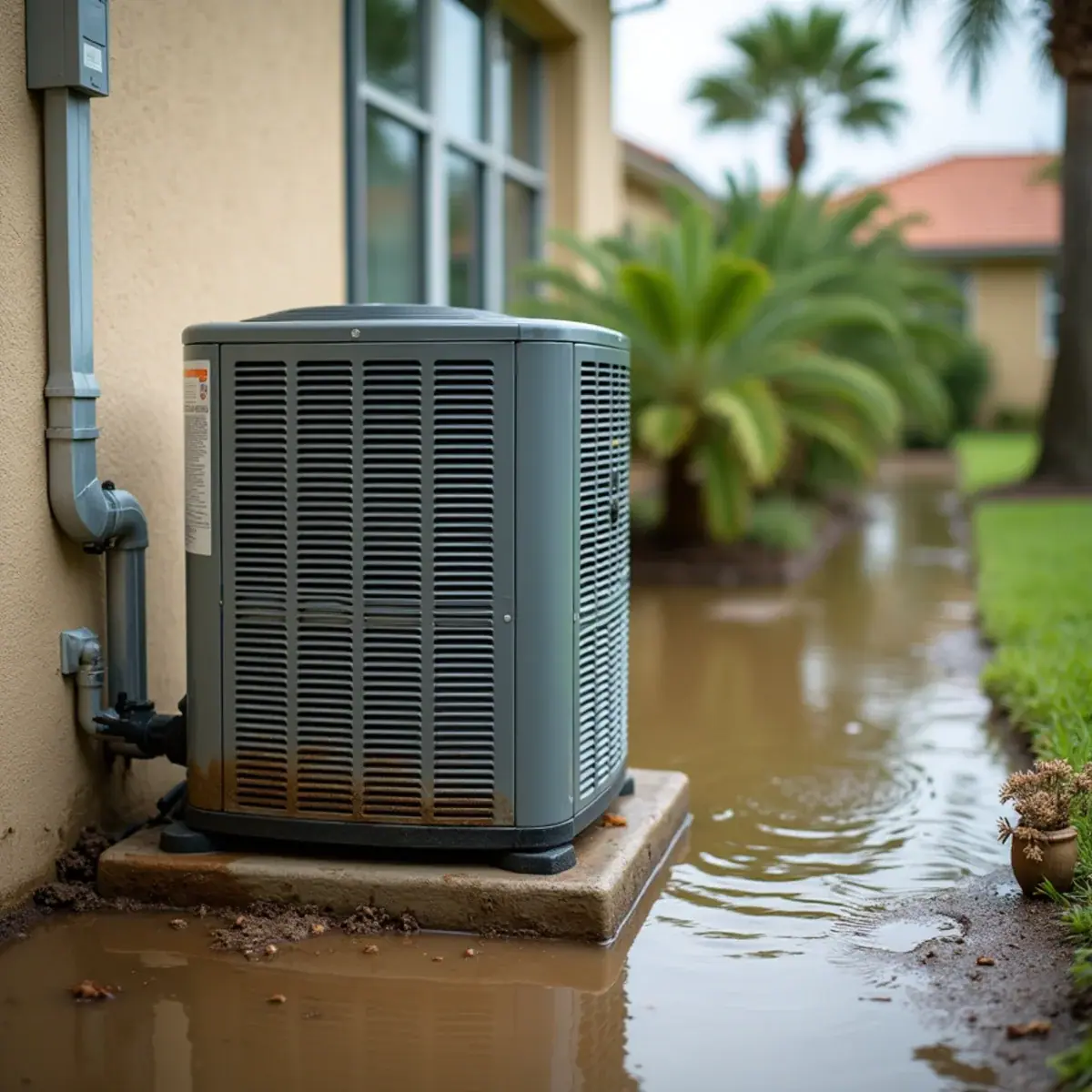 Outdoor AC unit with a floodwater line after a hurricane