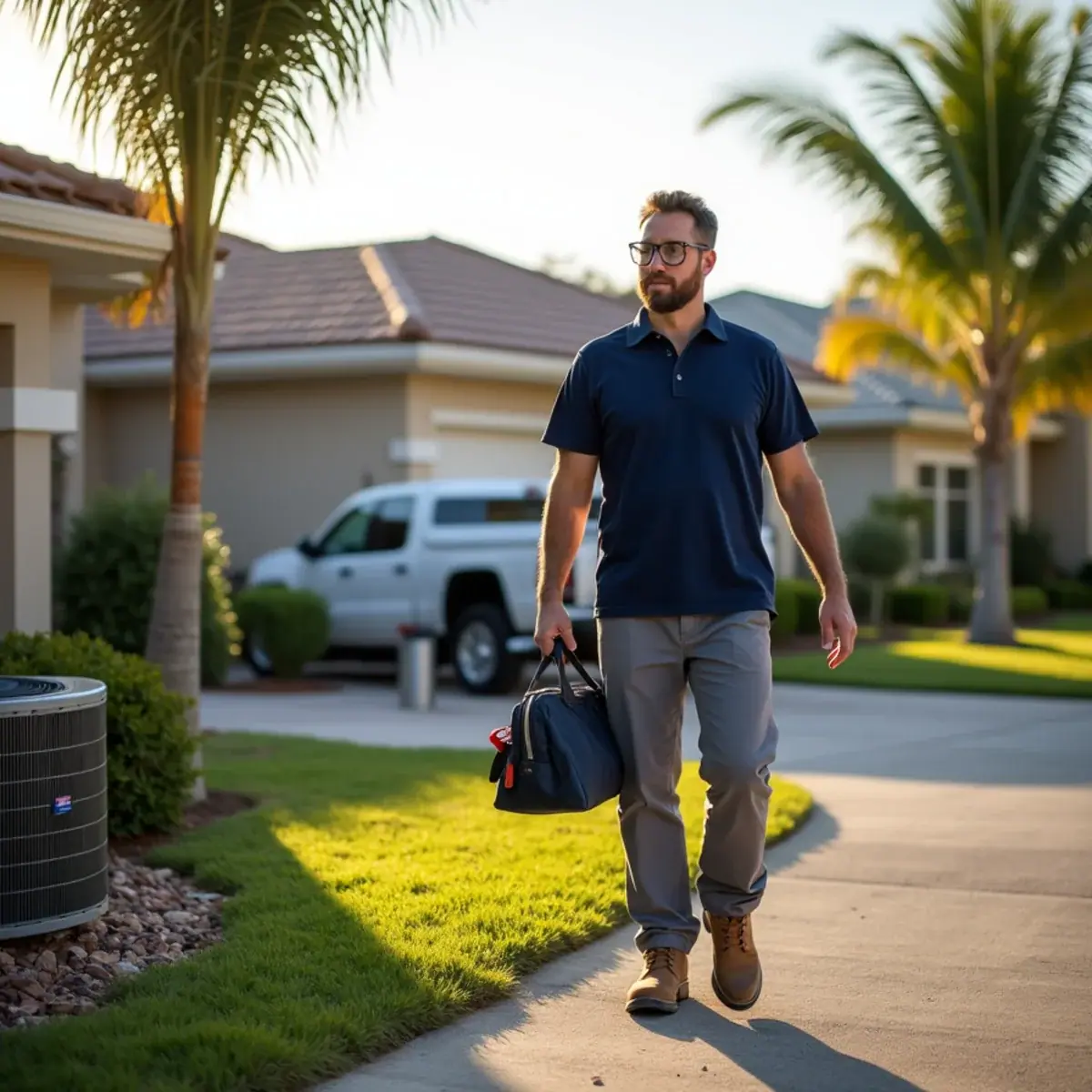 HVAC technician arriving for a post-storm AC check in Sarasota County