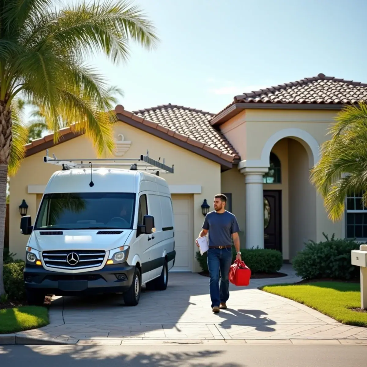 Plain white HVAC service van parked outside a home in Venice, FL