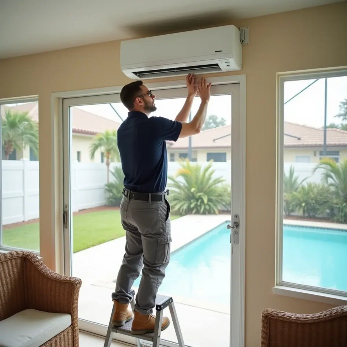 Ductless mini-split installed in an enclosed Florida lanai in Venice, FL