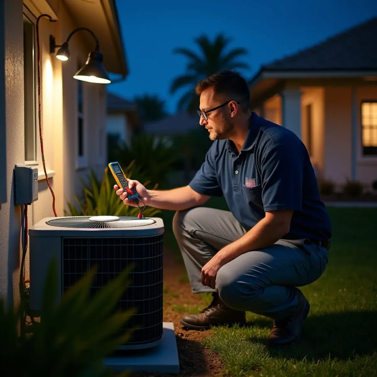 Technician diagnosing an outdoor AC unit at night during emergency service in Venice, FL