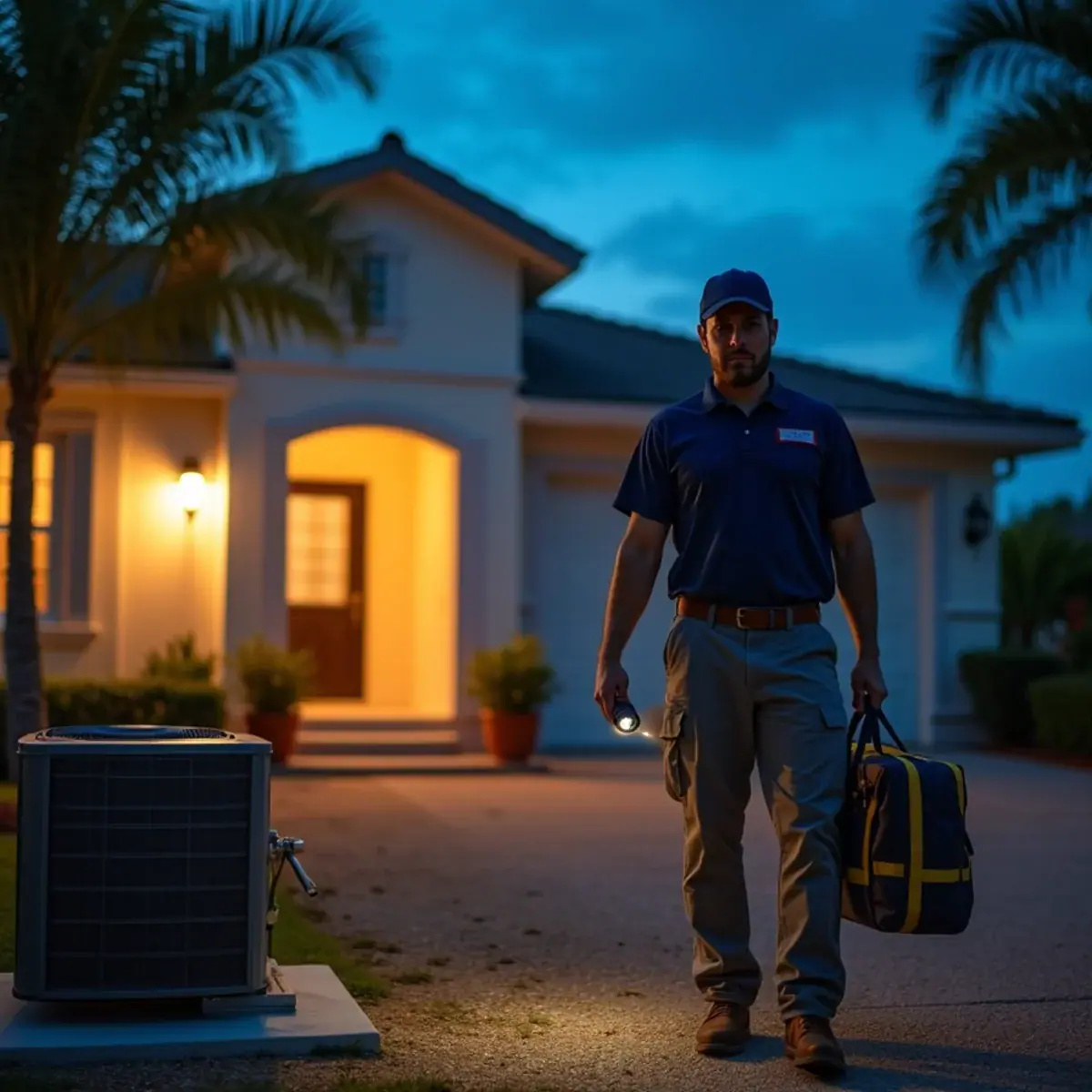 HVAC technician arriving at dusk for an emergency AC repair in Venice, FL