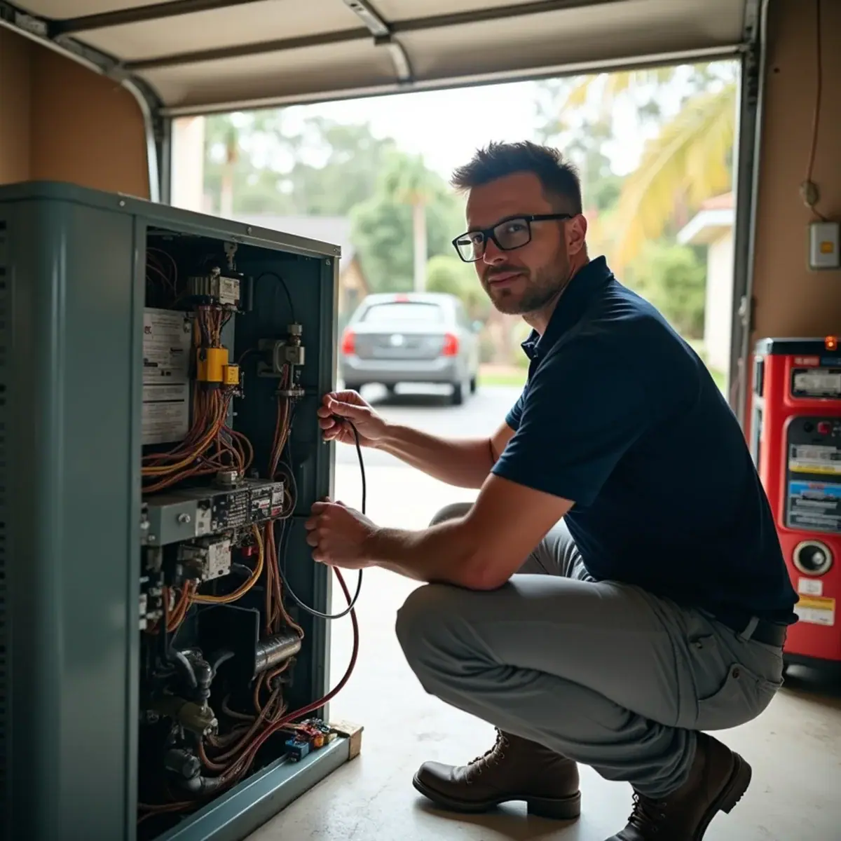 Technician inspecting a heat pump air handler and heat strips in a Venice, FL garage