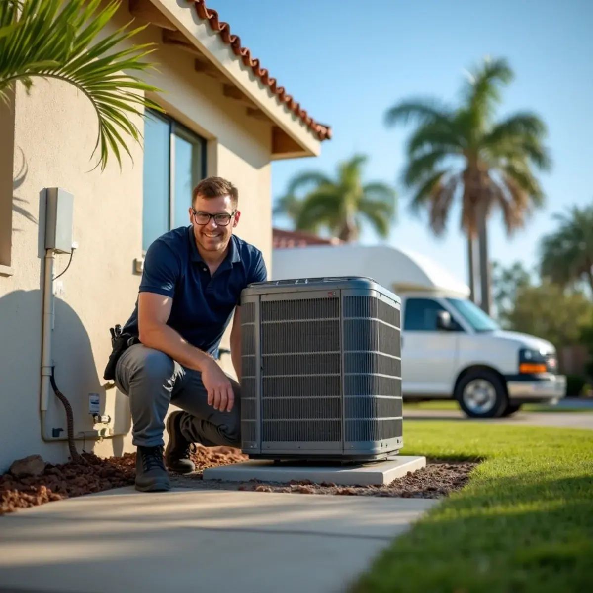 HVAC technician checking an outdoor AC condenser beside a Venice, FL home