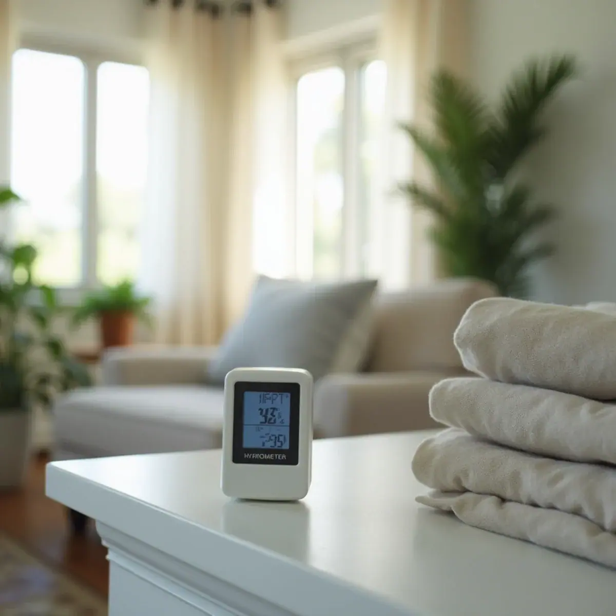 Digital hygrometer showing healthy indoor humidity in a Venice, FL home