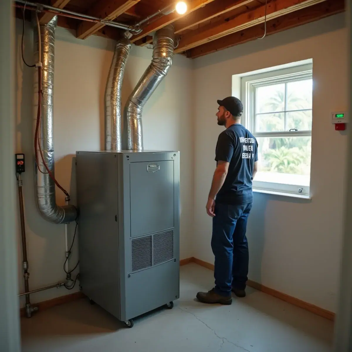 Whole-home dehumidifier installed beside an air handler in a Venice, FL home