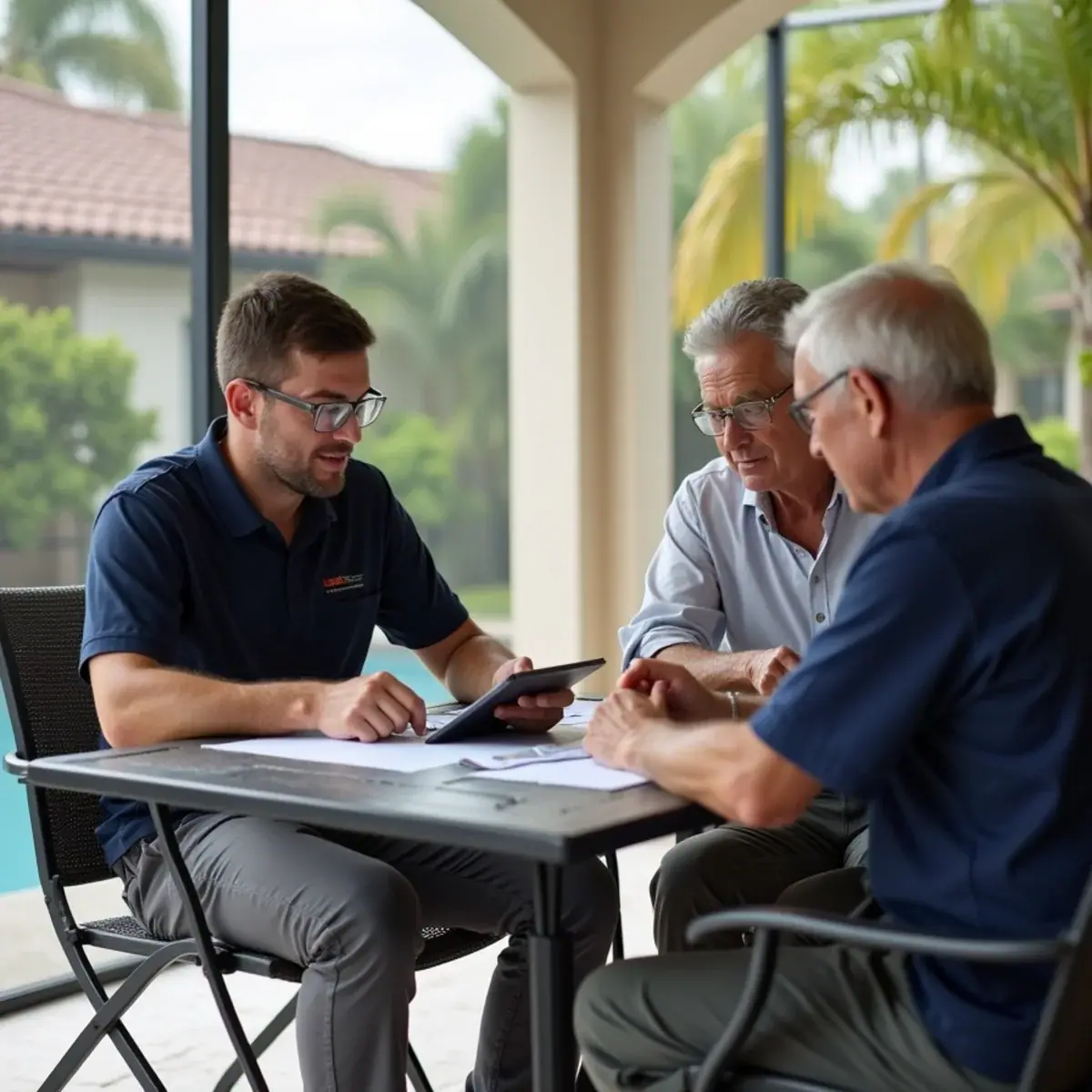 HVAC contractor reviewing a written estimate with a homeowner on a Venice, FL lanai