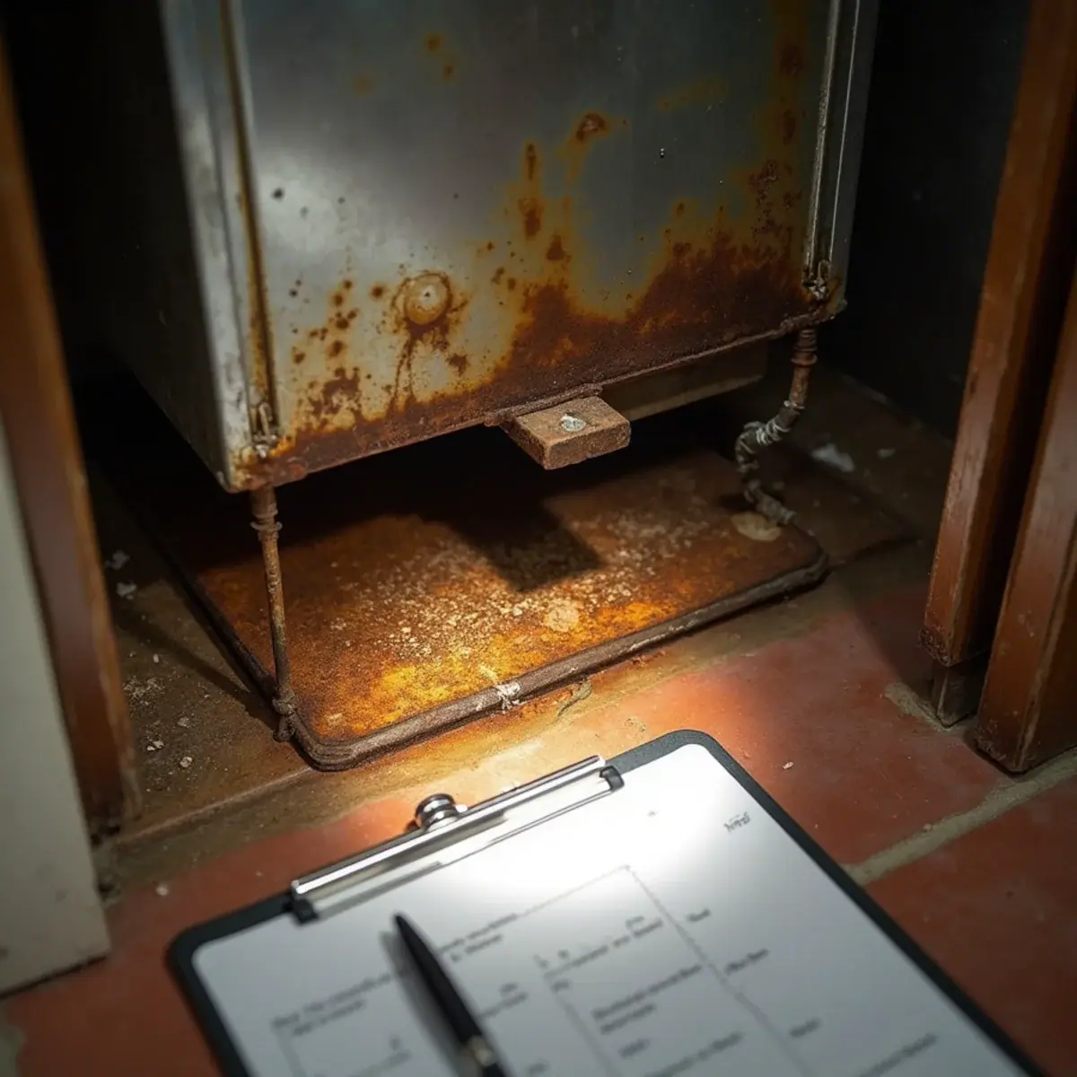Rusted AC drain pan found during a home sale HVAC inspection in Venice, FL