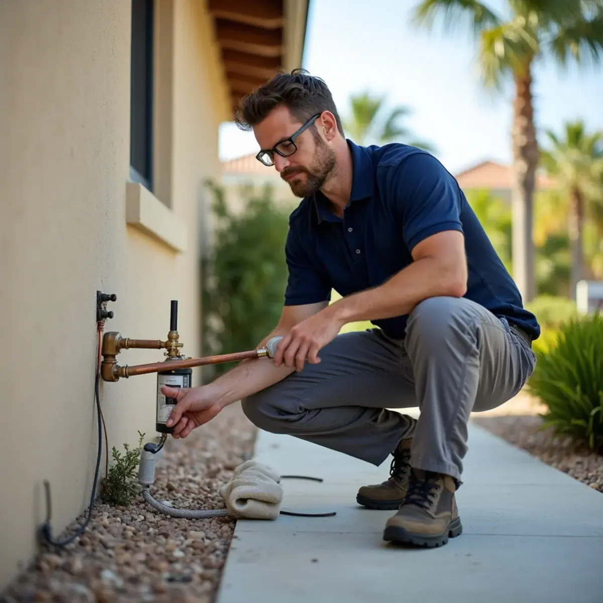 Technician using an electronic leak detector on AC refrigerant lines in Venice, FL