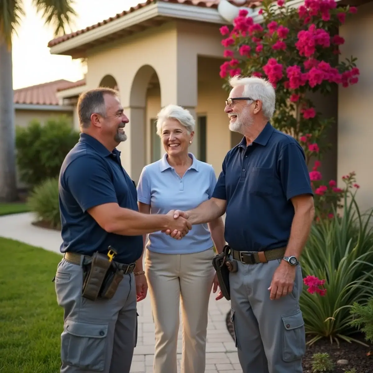 Happy Venice, FL homeowners thanking their HVAC technician after an AC repair