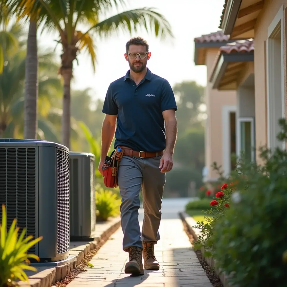 HVAC technician servicing an air conditioner at a home in Anna Maria, FL
