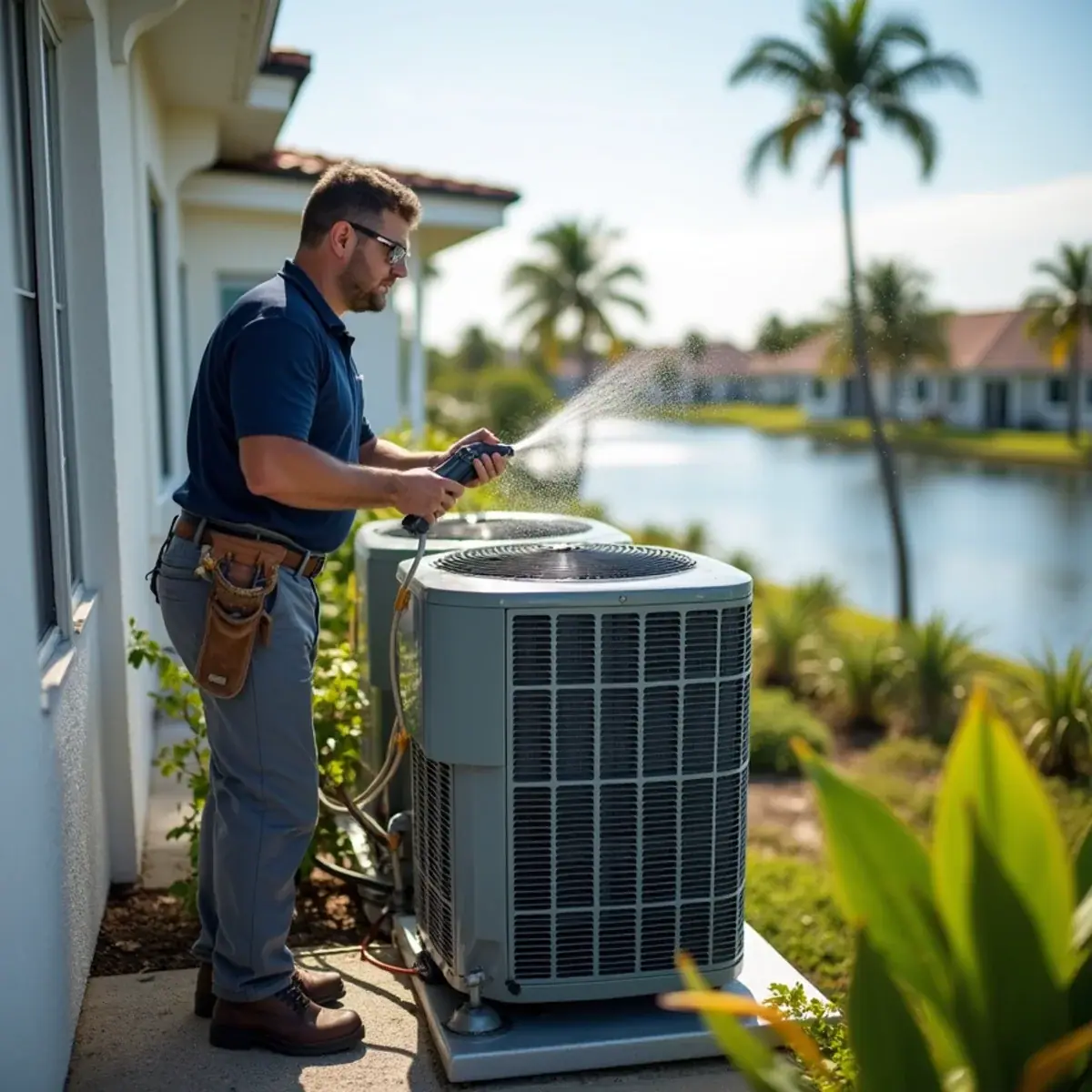 Coastal AC condenser on an elevated platform at a home in Apollo Beach, FL