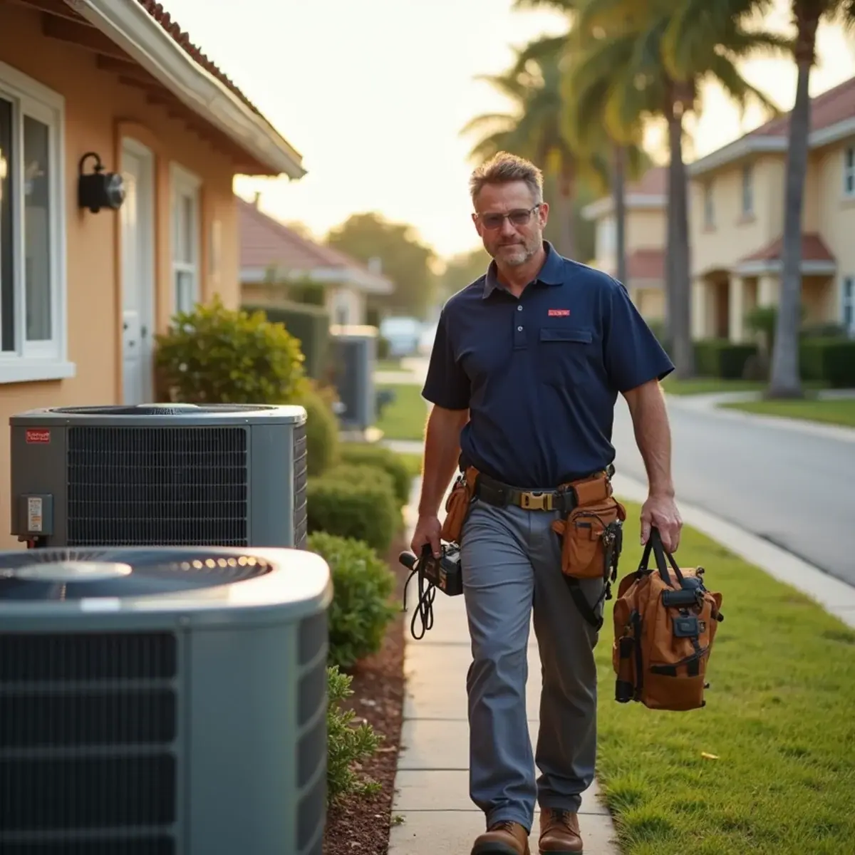 HVAC technician servicing an air conditioner at a home in Apollo Beach, FL