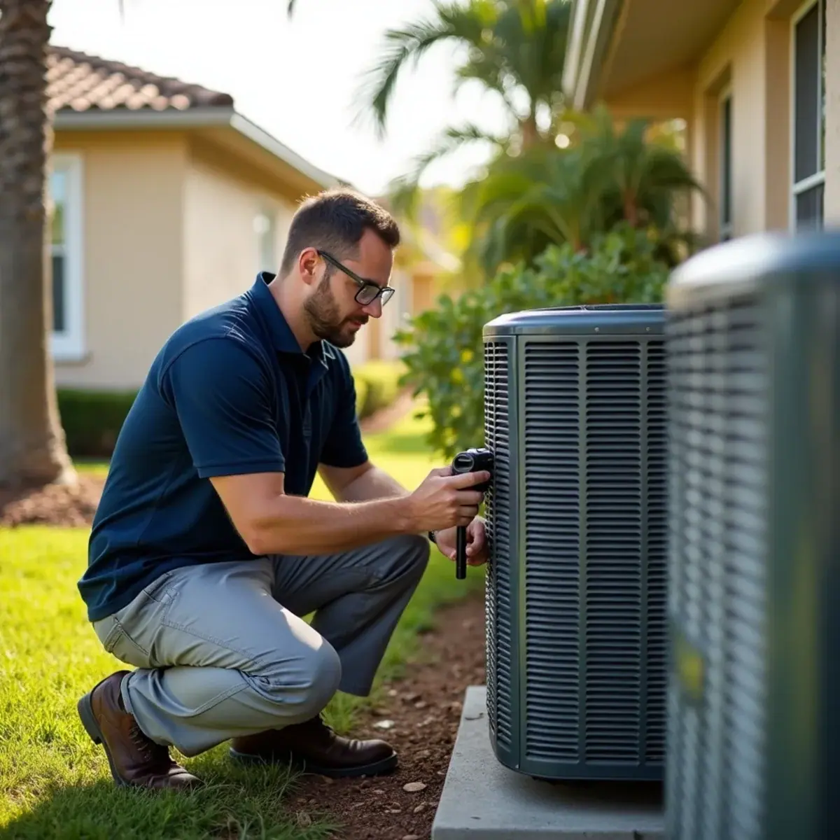 Technician servicing an outdoor AC unit at a home in Arcadia, FL