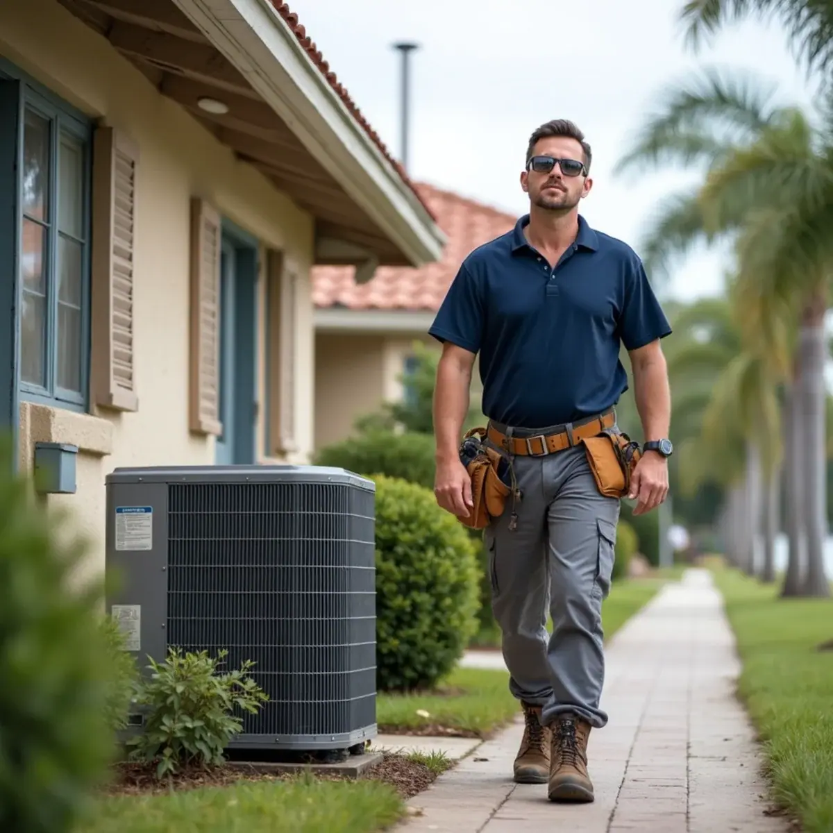 HVAC technician servicing an air conditioner at a home in Arcadia, FL