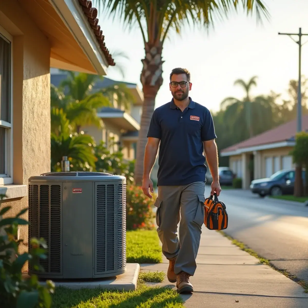 HVAC technician servicing an air conditioner at a home in Bayshore Gardens, FL