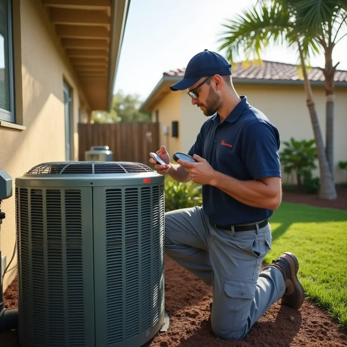 Technician servicing an outdoor AC unit at a home in Bee Ridge, FL