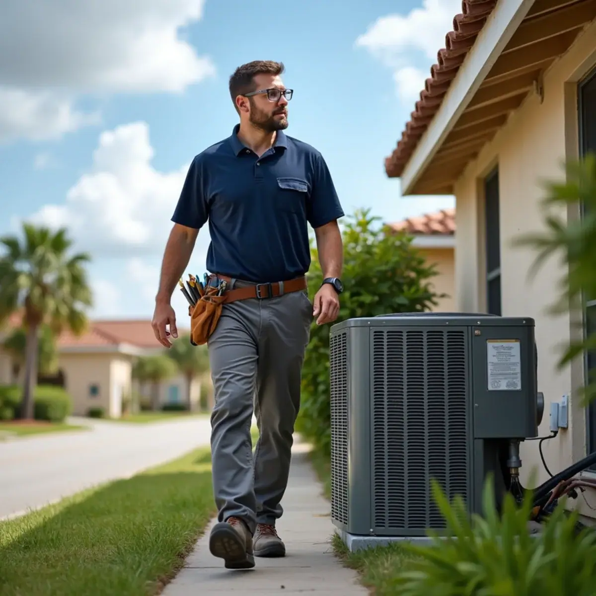 HVAC technician servicing an air conditioner at a home in Bee Ridge, FL