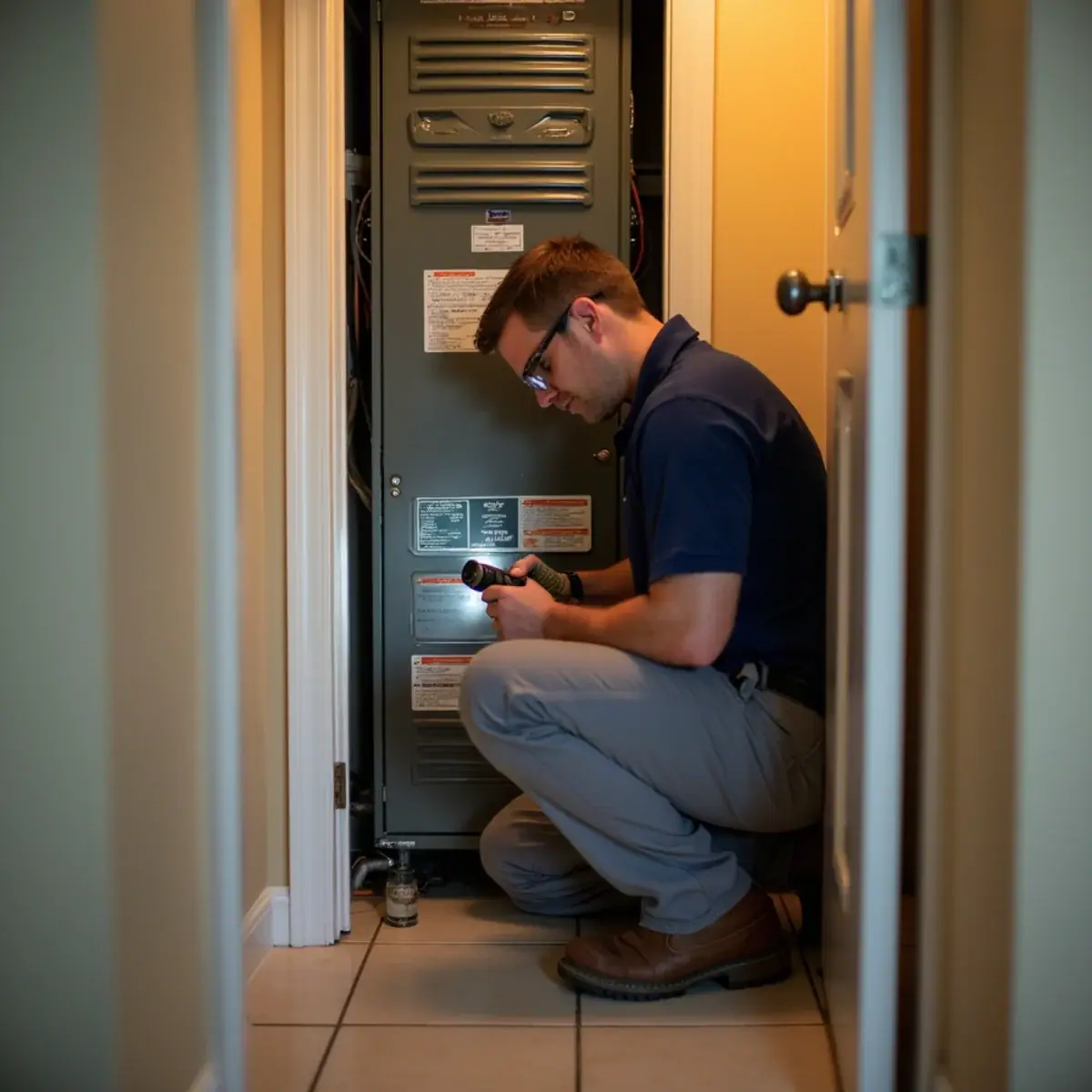 Technician servicing a closet air handler in a condo in Boca Grande, FL