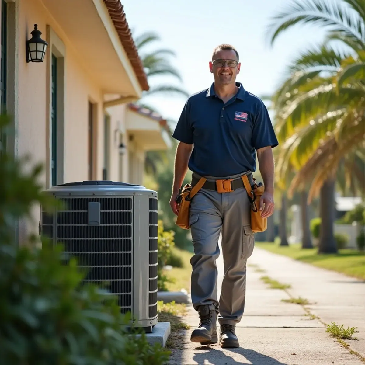 HVAC technician servicing an air conditioner at a home in Boca Grande, FL