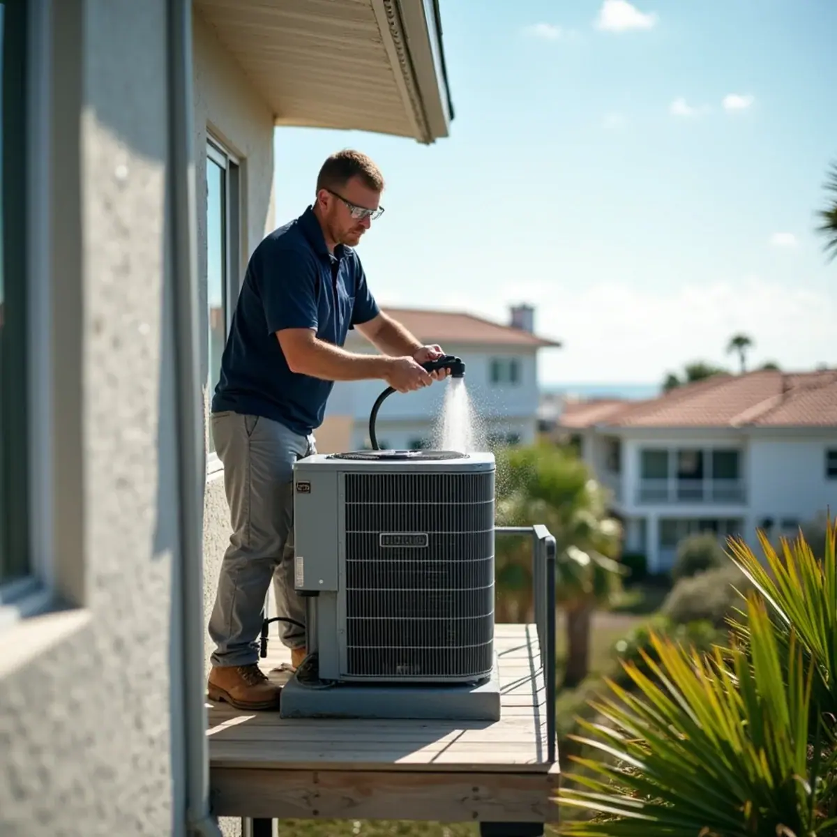 Coastal AC condenser on an elevated platform at a home in Bradenton Beach, FL