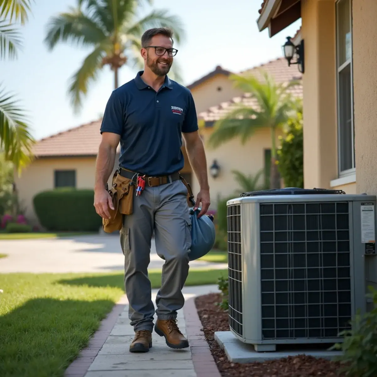 HVAC technician servicing an air conditioner at a home in Bradenton Beach, FL