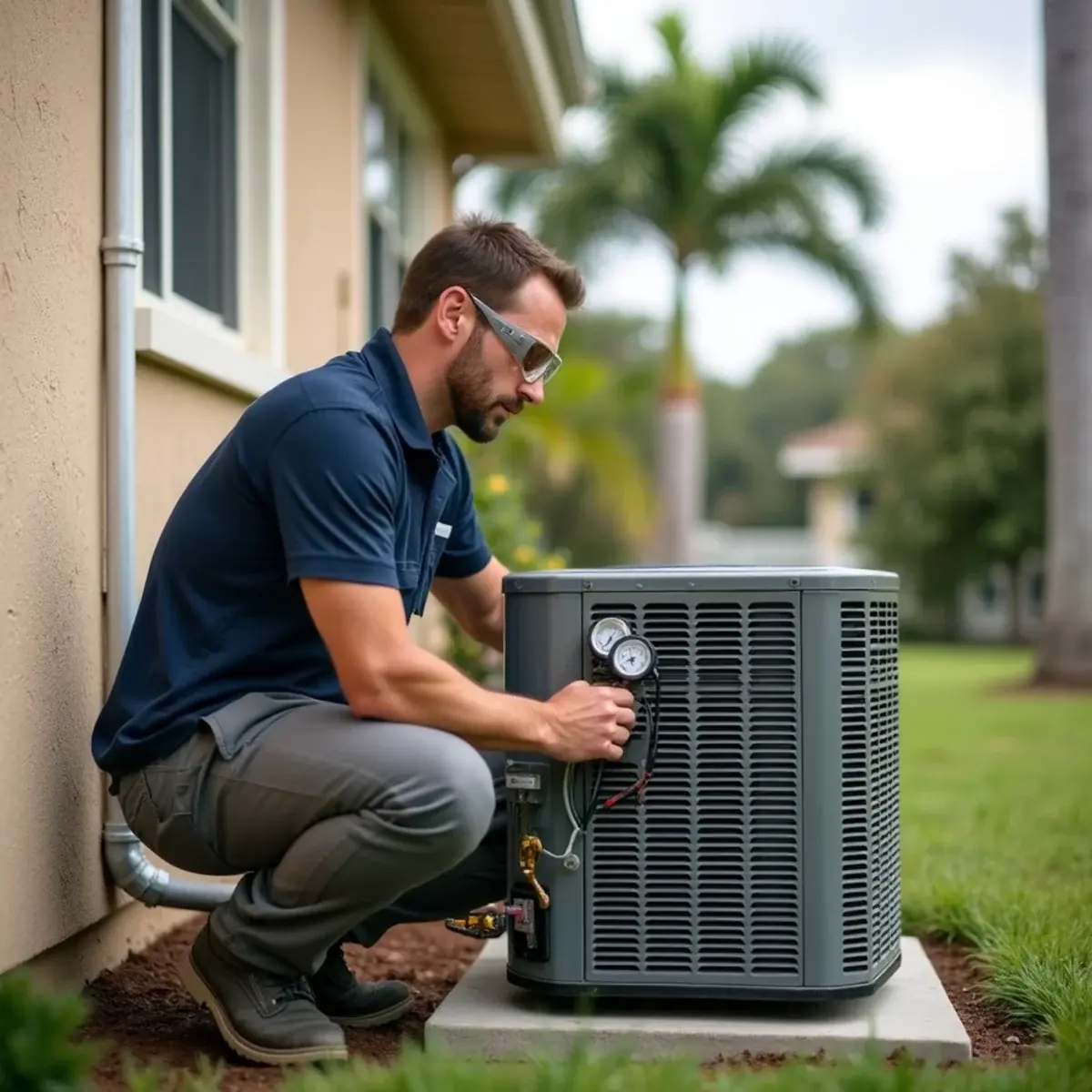 Technician servicing an outdoor AC unit at a home in Bradenton, FL