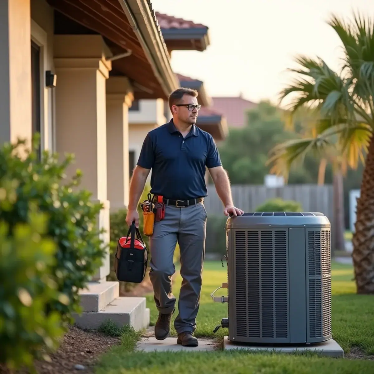 HVAC technician servicing an air conditioner at a home in Bradenton, FL