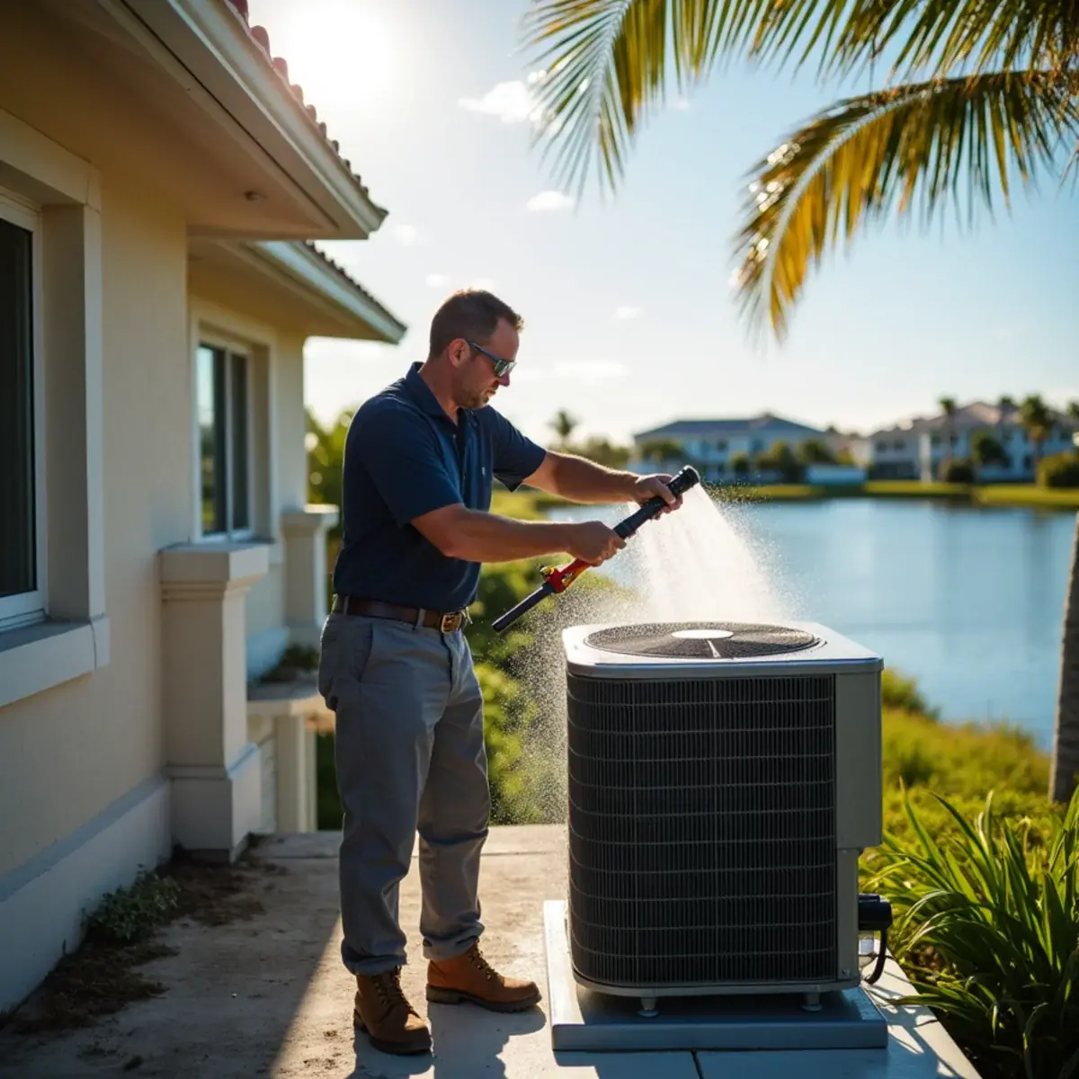 Coastal AC condenser on an elevated platform at a home in Cape Coral, FL