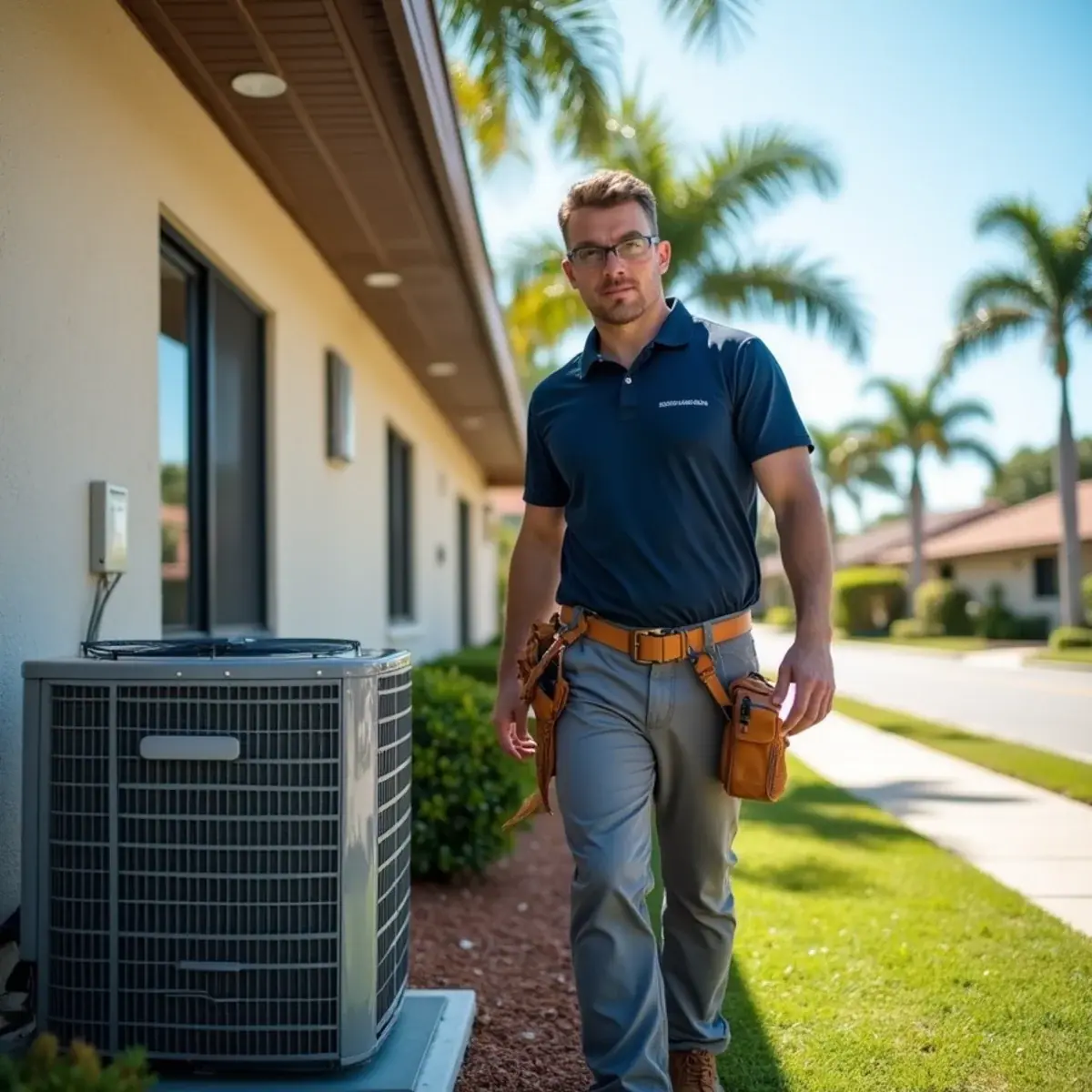 HVAC technician servicing an air conditioner at a home in Cape Coral, FL