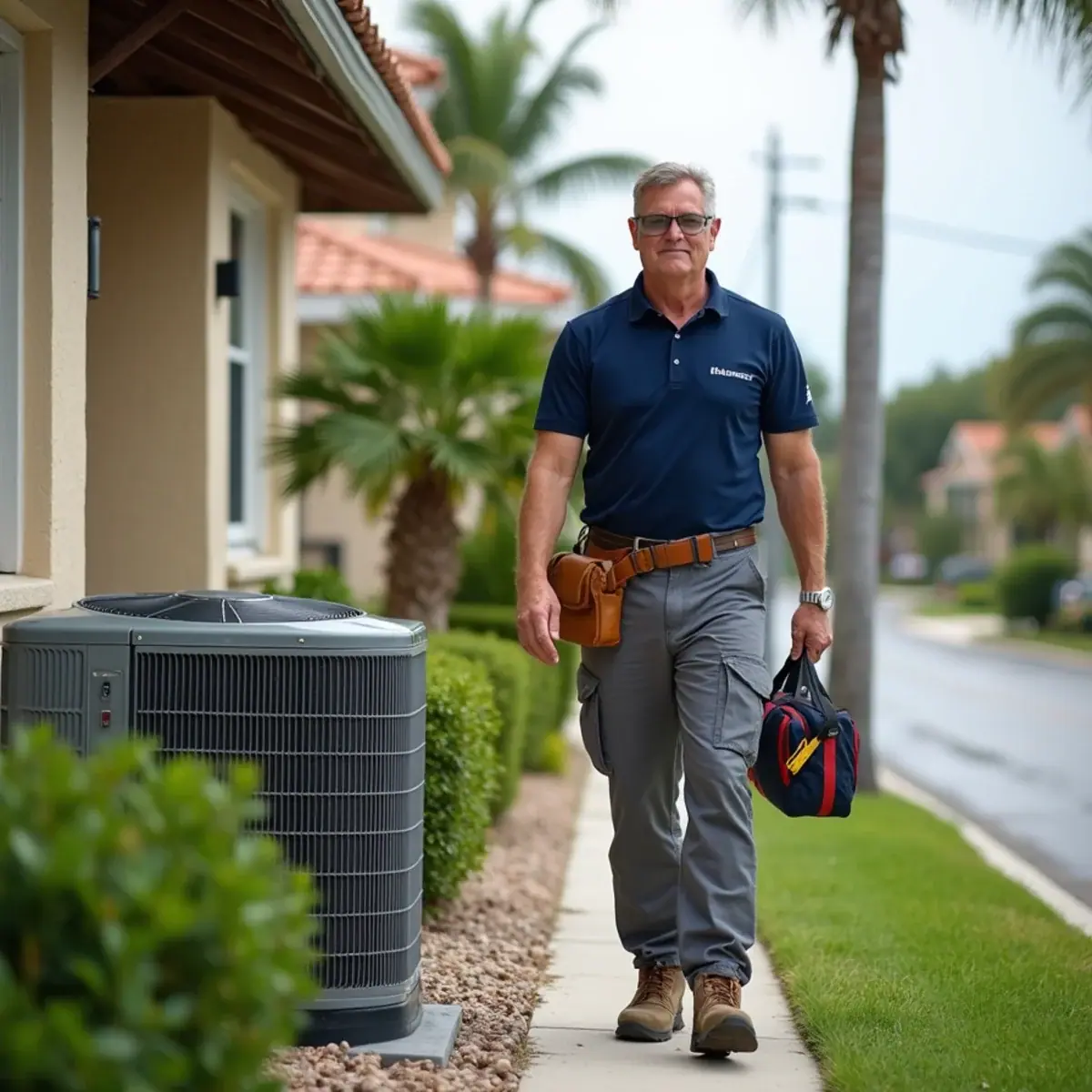 HVAC technician servicing an air conditioner at a home in Charlotte Harbor, FL