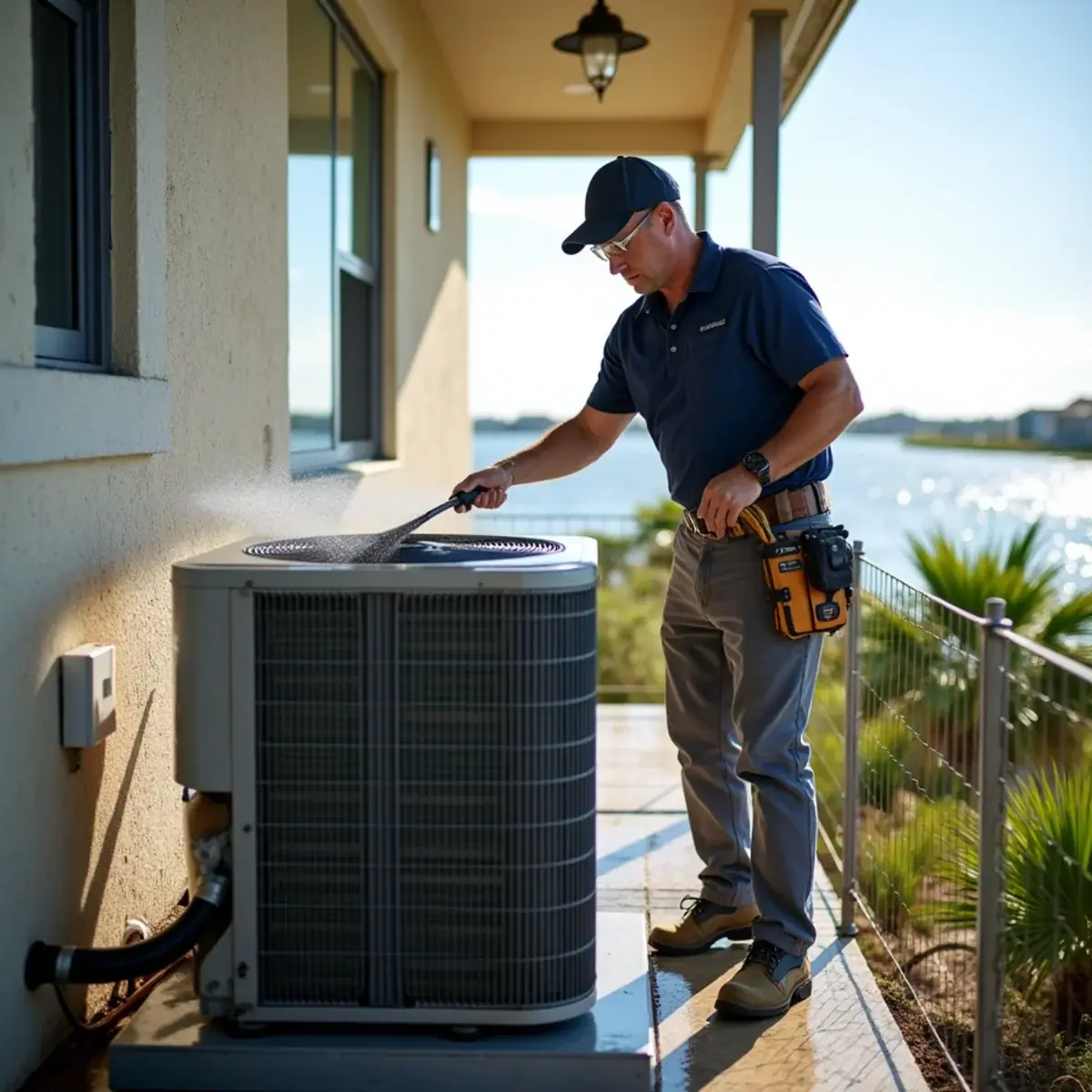 Coastal AC condenser on an elevated platform at a home in Charlotte Park, FL