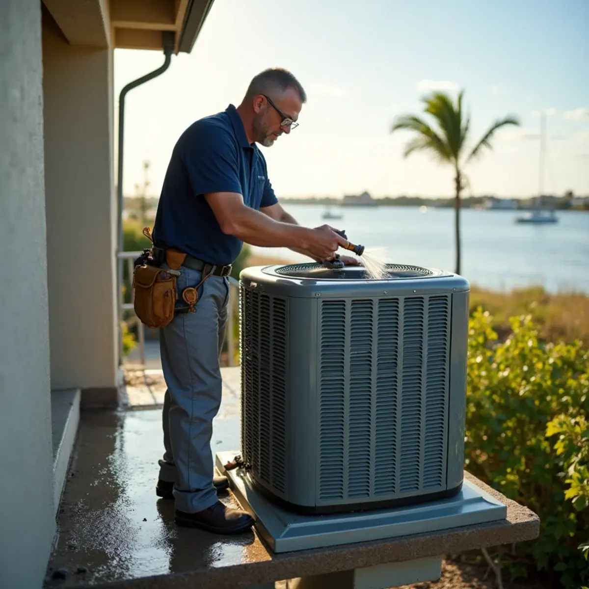 Coastal AC condenser on an elevated platform at a home in Cortez, FL