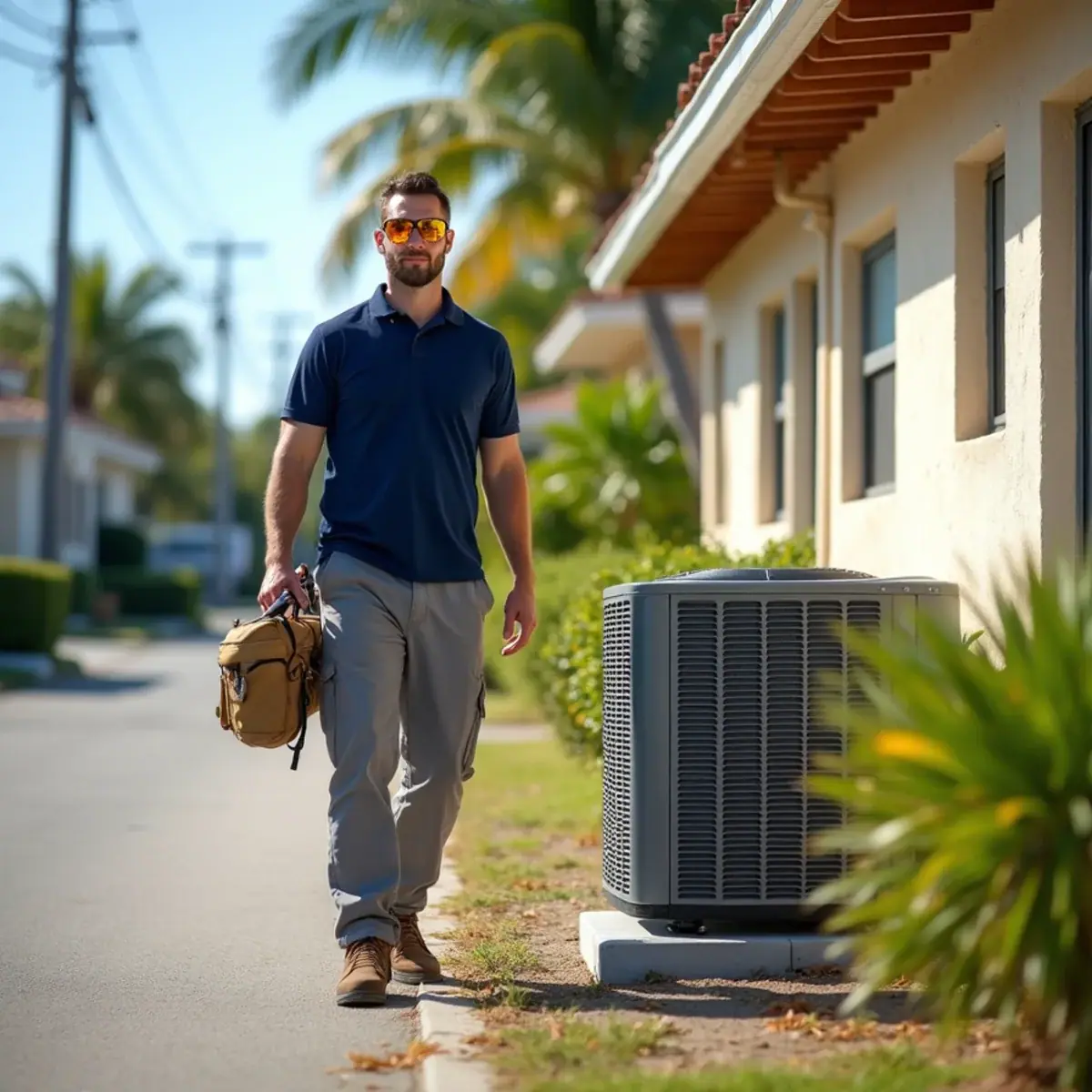 HVAC technician servicing an air conditioner at a home in Cortez, FL