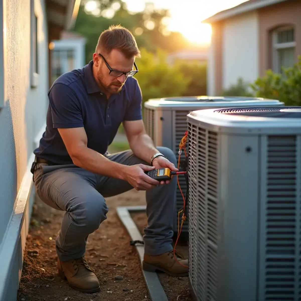 Technician servicing a package AC unit at a manufactured home in Ellenton, FL