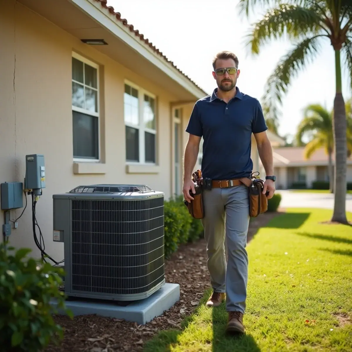 HVAC technician servicing an air conditioner at a home in Ellenton, FL